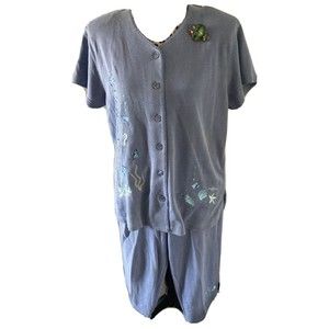 Kenneth Too Pants Set Size L 2 Piece Nautical Blue Embroidered Fish W/ Pin